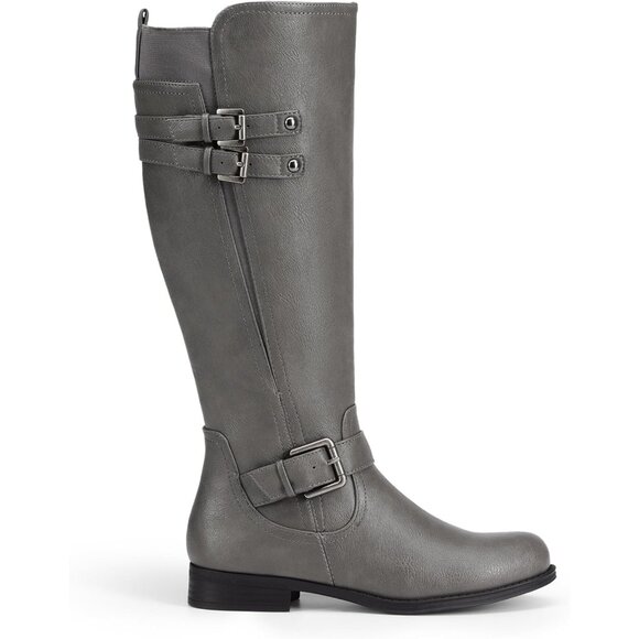 Women's Faux Leather Grey Knee High Buckle Chunky Heel Flat Riding Pirate Boots - Picture 2 of 7